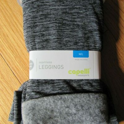 NWT WOMENS M/L CAPELLI BLACK & GRAY SEAMLESS FOOTLESS FLEECE LINED TIGHTS LEGGIN